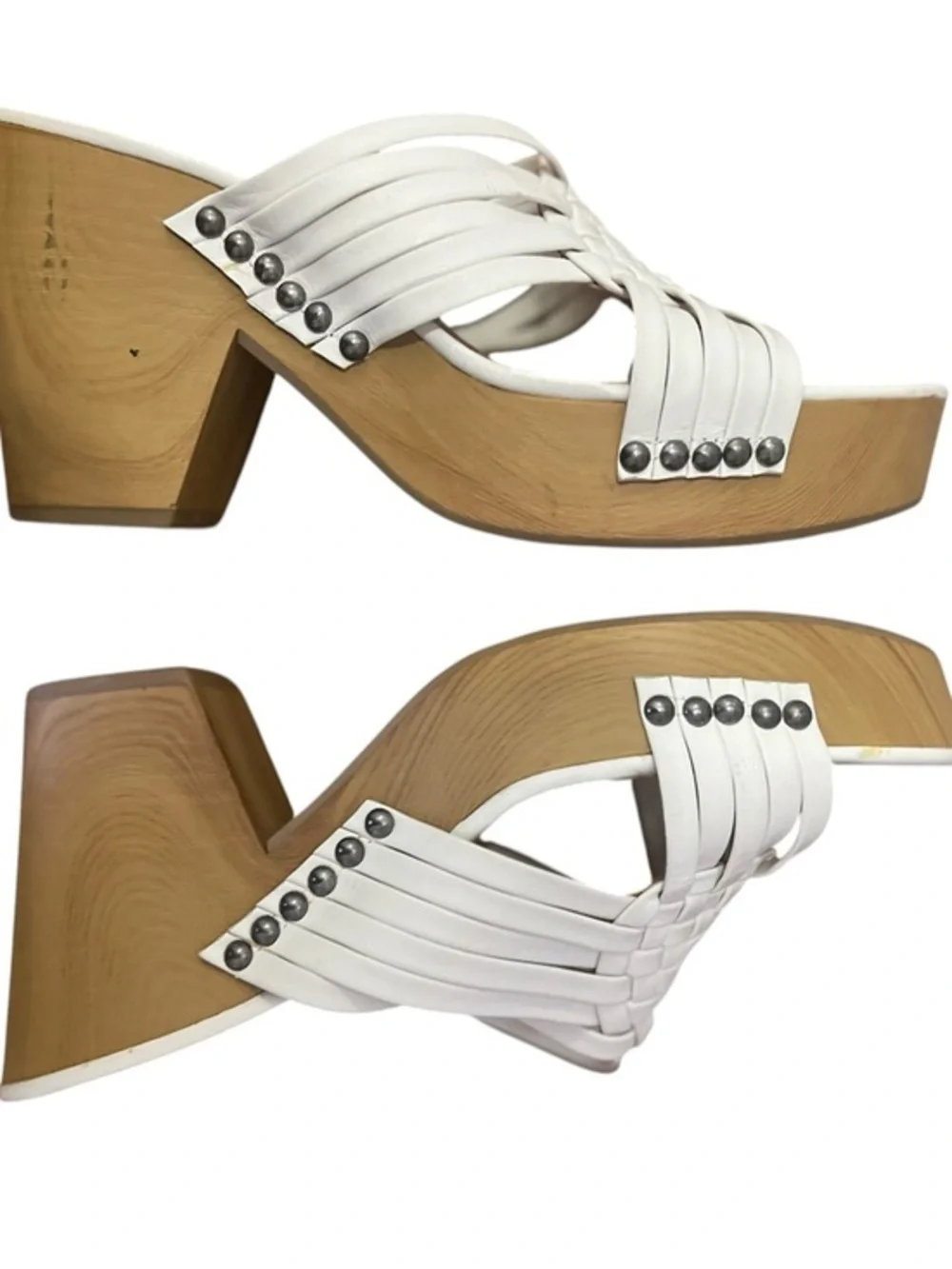 Lucky Brand White Woven Leather Studded Platform Mule Boho Sandals